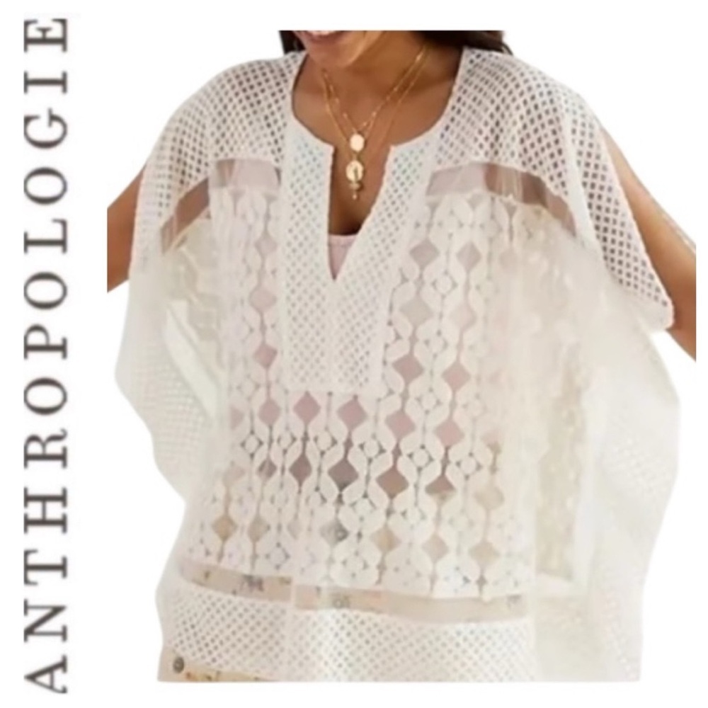 Anthropologie Ivory Lace Crochet Split Sleeve Poncho Top One Size Bohemian